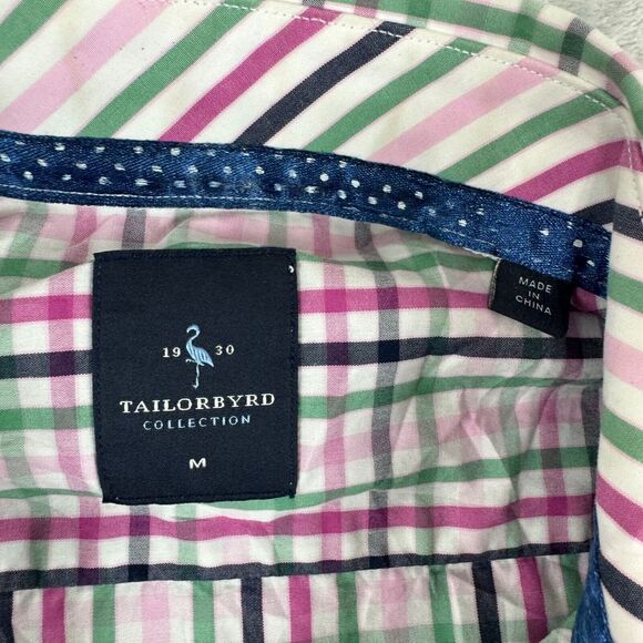 Tailorbyrd Shirt Mens Medium Pink Green Plaid Flip Cuff Button‎ Up Pocket - Picture 2 of 13